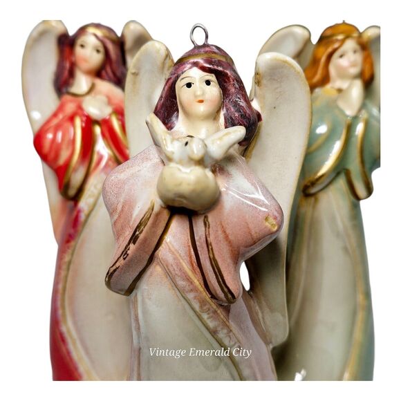 Lot 3 Vtg Ceramic Christmas Angel Bell Tree Ornaments Singing Choir Glazed Set - Picture 9 of 11